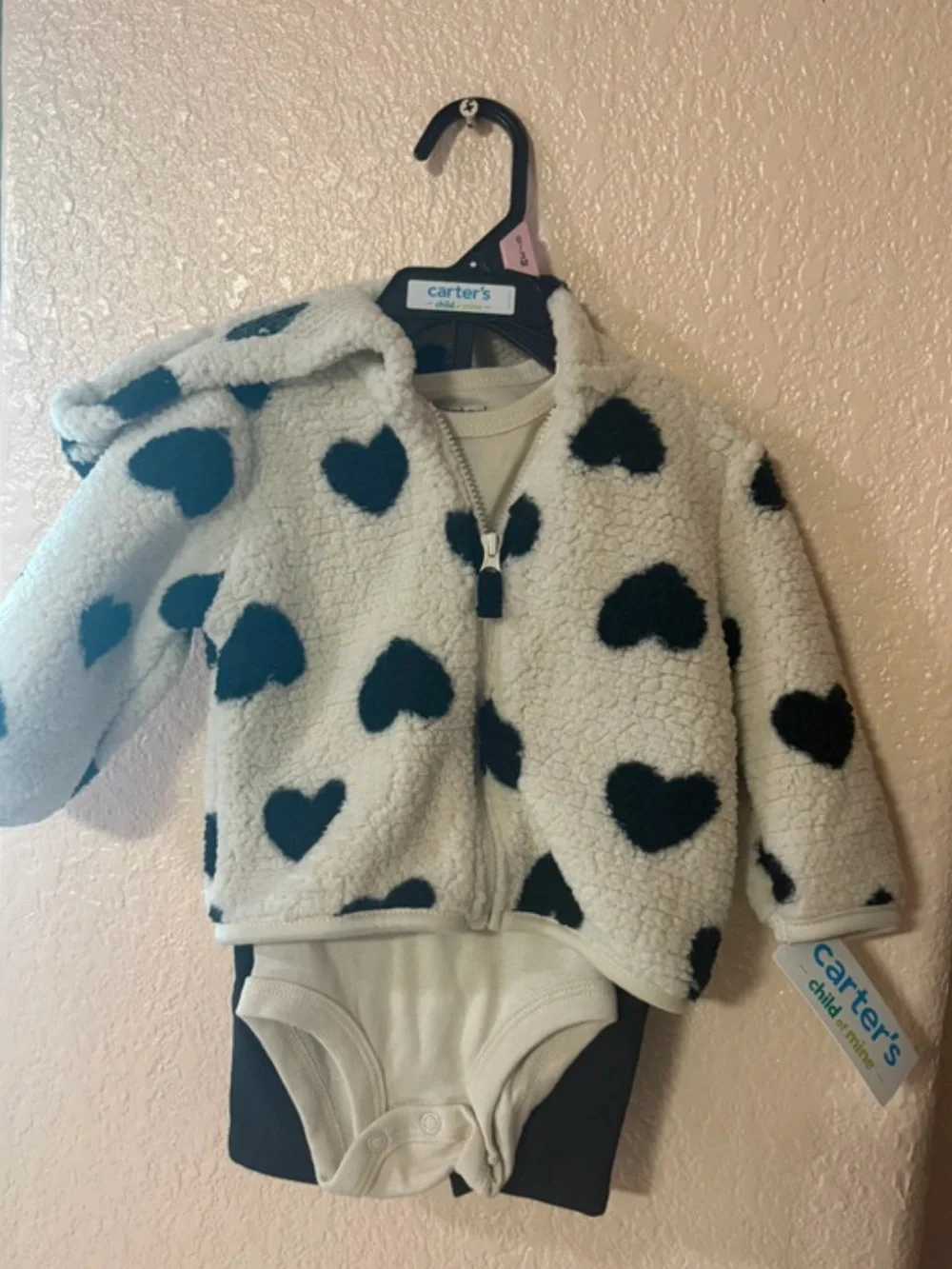 Carter's Cream Sherpa Hoodie with Black Heart Pattern - Kids